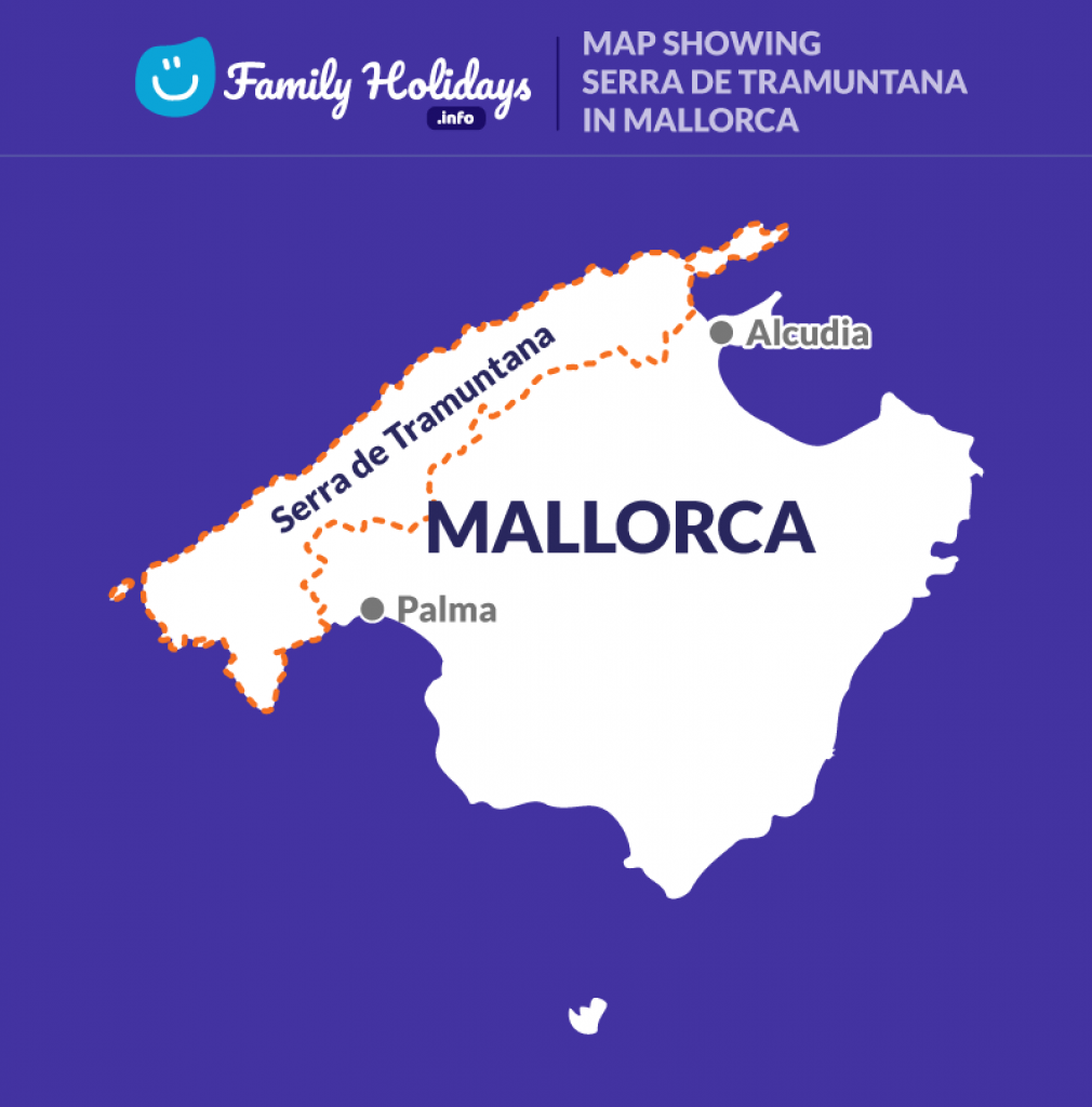 Map of Mallorca showing the location of Serra de Tramuntana
