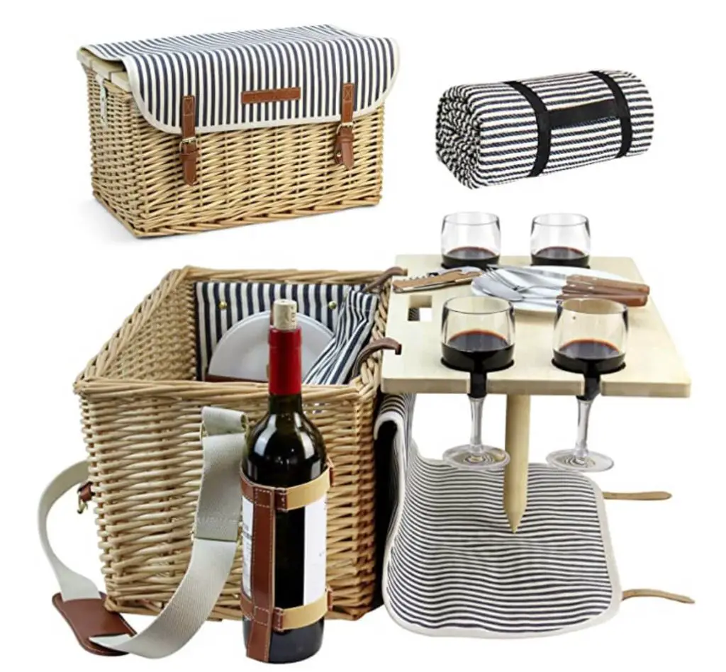 Willow Hamper Service Gift Set with Bamboo Wine Table for Camping and Outdoor Party Wicker Picnic Basket for 2 Persons Picnic Kit 