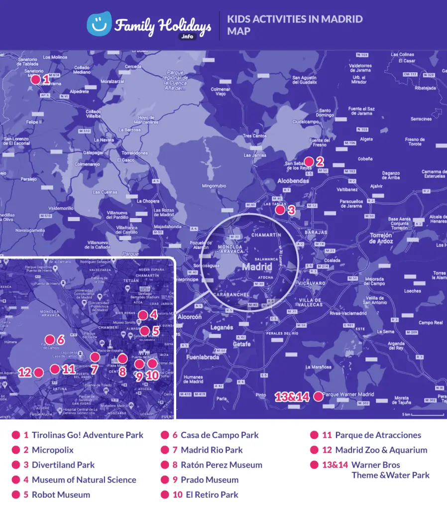 Things to do with kids in Madrid map