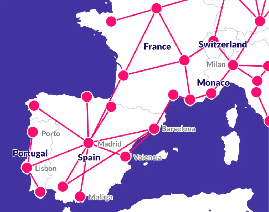 Map of part of the Eurail network