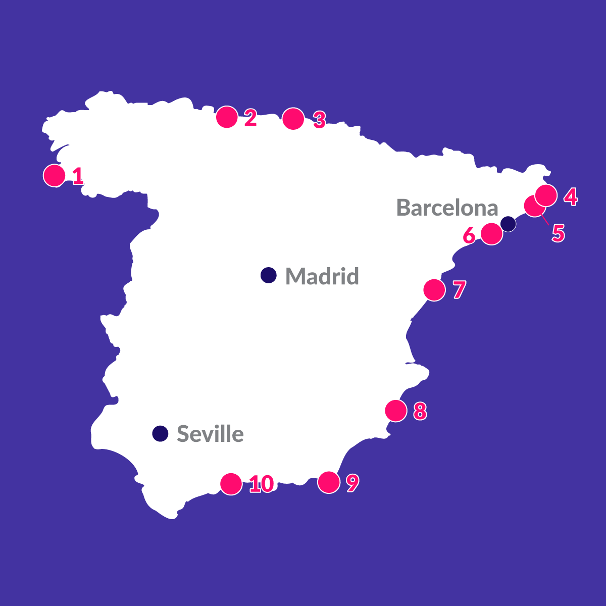 Map of beautiful beaches in Spain