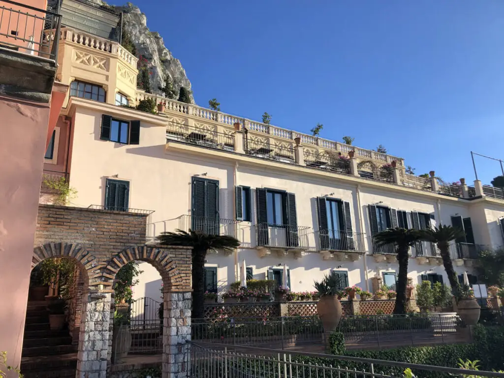 Outside of the main building of the Grand Hotel Timeo